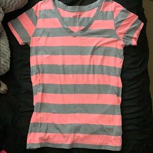 Pink and Grey Striped V- Neck Top